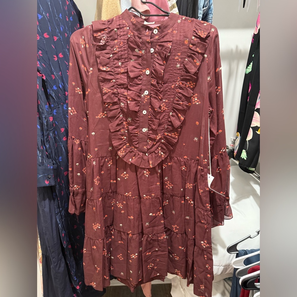 Nwt Warm Women's Red Round Neck Long Bell Sleeve Floral Mini Dress Size 0 - Picture 3 of 7